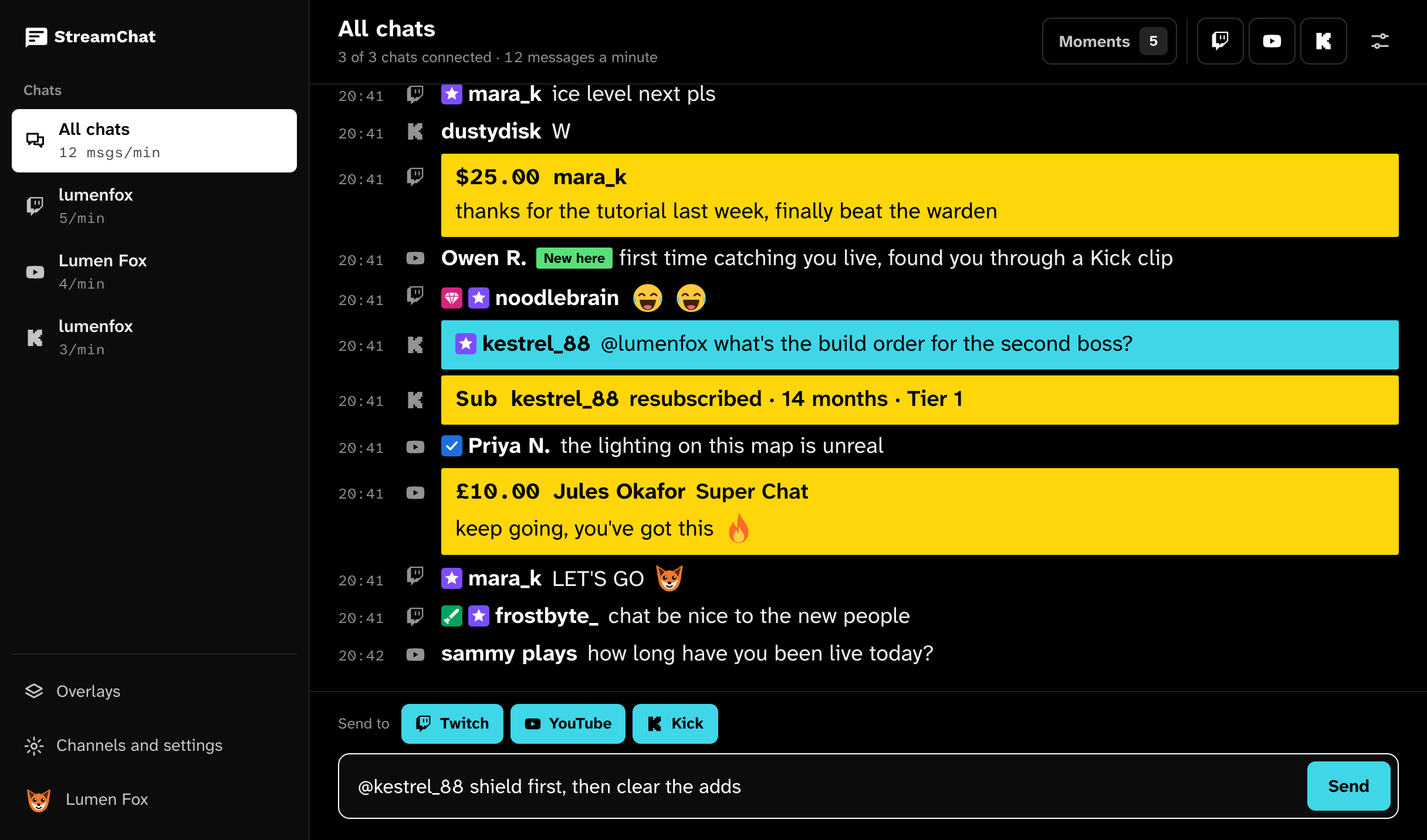 StreamChat showing Twitch, YouTube and Kick chat in one feed